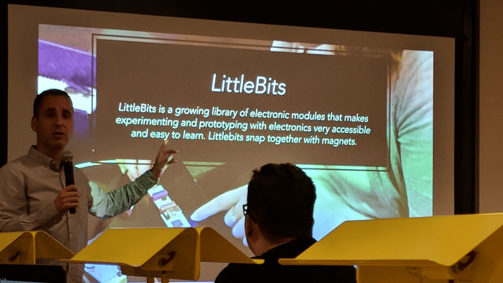 Chakib explaining LittleBits to the audience at UX Playground at WeWork London.
