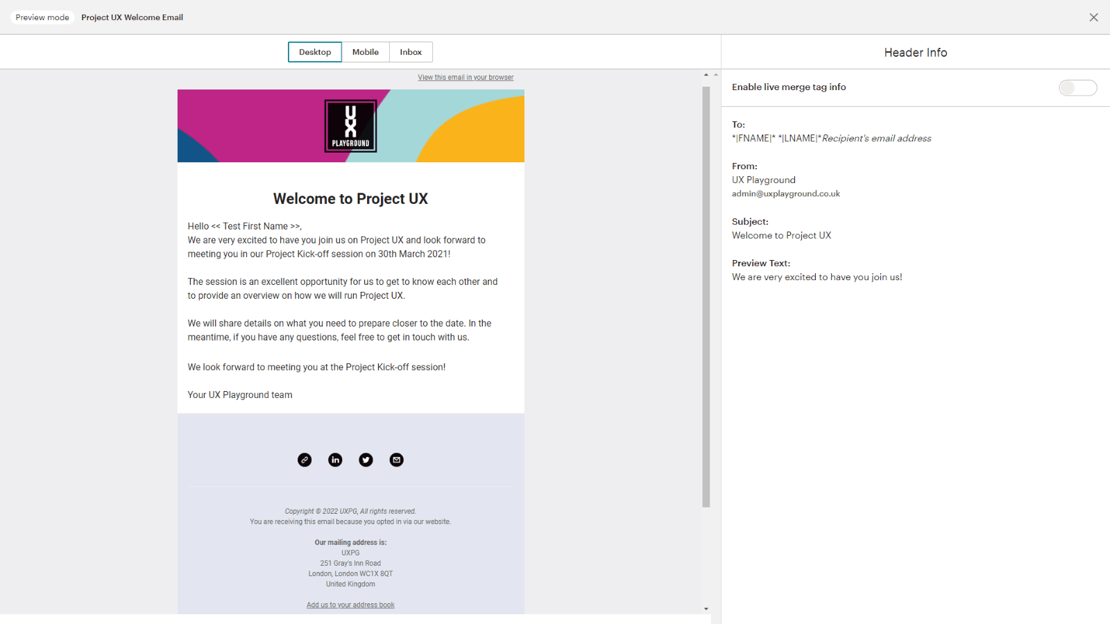 A preview of the welcome email in Mailchimp